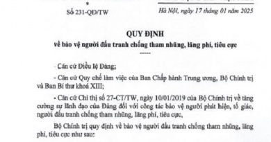 Quy định số 231-QĐ/TW, ngày 17/01/2025 của Bộ Chính trị về bảo vệ người đấu tranh chống tham nhũng, lãng phí, tiêu cực