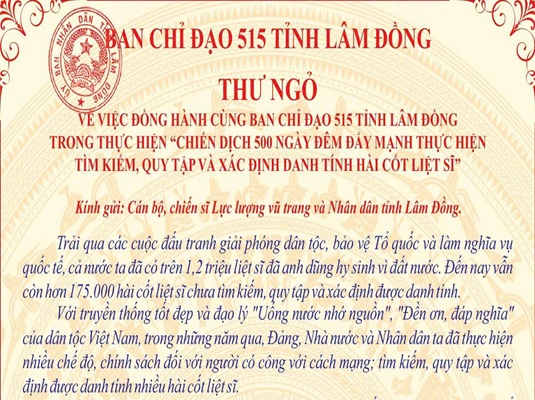 Ban Chỉ đạo 515 tỉnh Lâm Đồng phát hành Thư ngỏ về Chiến dịch 500 ngày đêm Ban Chỉ đạo 515 tỉnh Lâm Đồng phát hành Thư ngỏ về Chiến dịch 500 ngày đêm